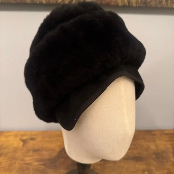 Brooks Brothers Black Mouton Lamb Fur Storm Hat Visor USA Made Large